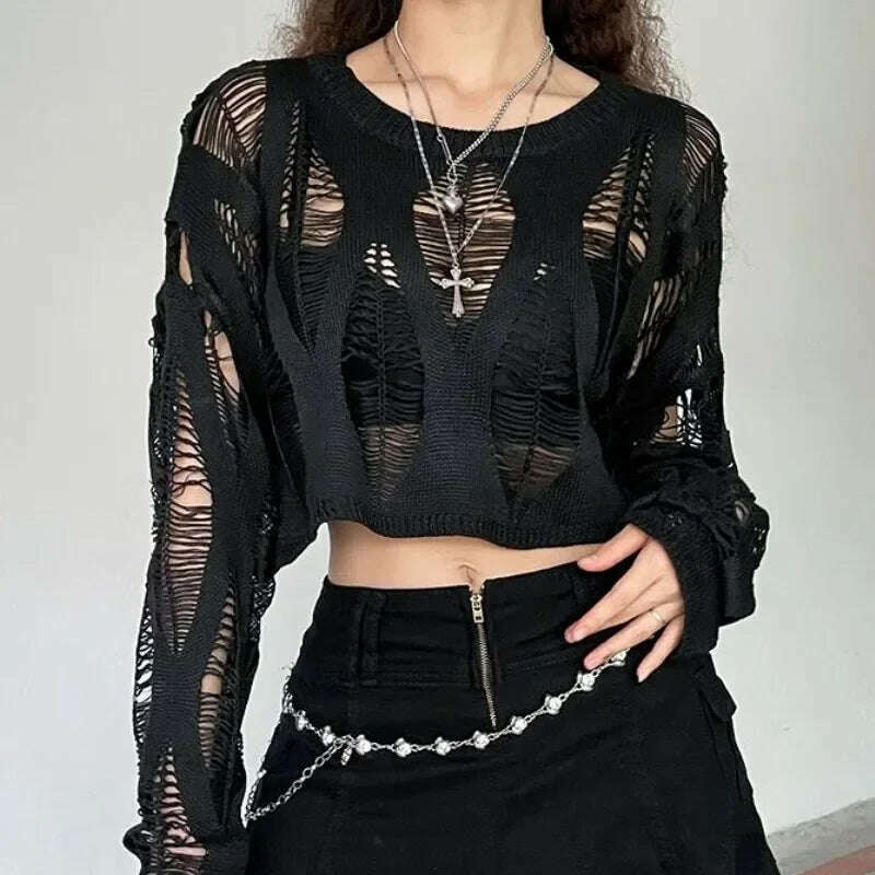 Perforated Hollow Out Knitted Blouse Sunscreen Long Sleeve Top Gothic Dark Black Sexy Thin Sweater Women's Summer Chic Crop Tops