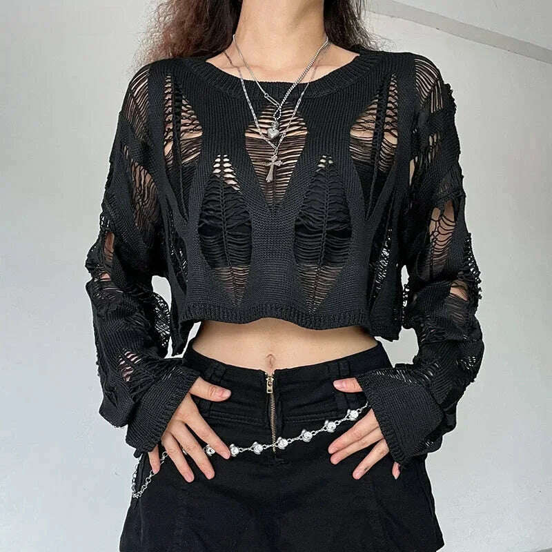 Perforated Hollow Out Knitted Blouse Sunscreen Long Sleeve Top Gothic Dark Black Sexy Thin Sweater Women’s Summer Chic Crop Tops