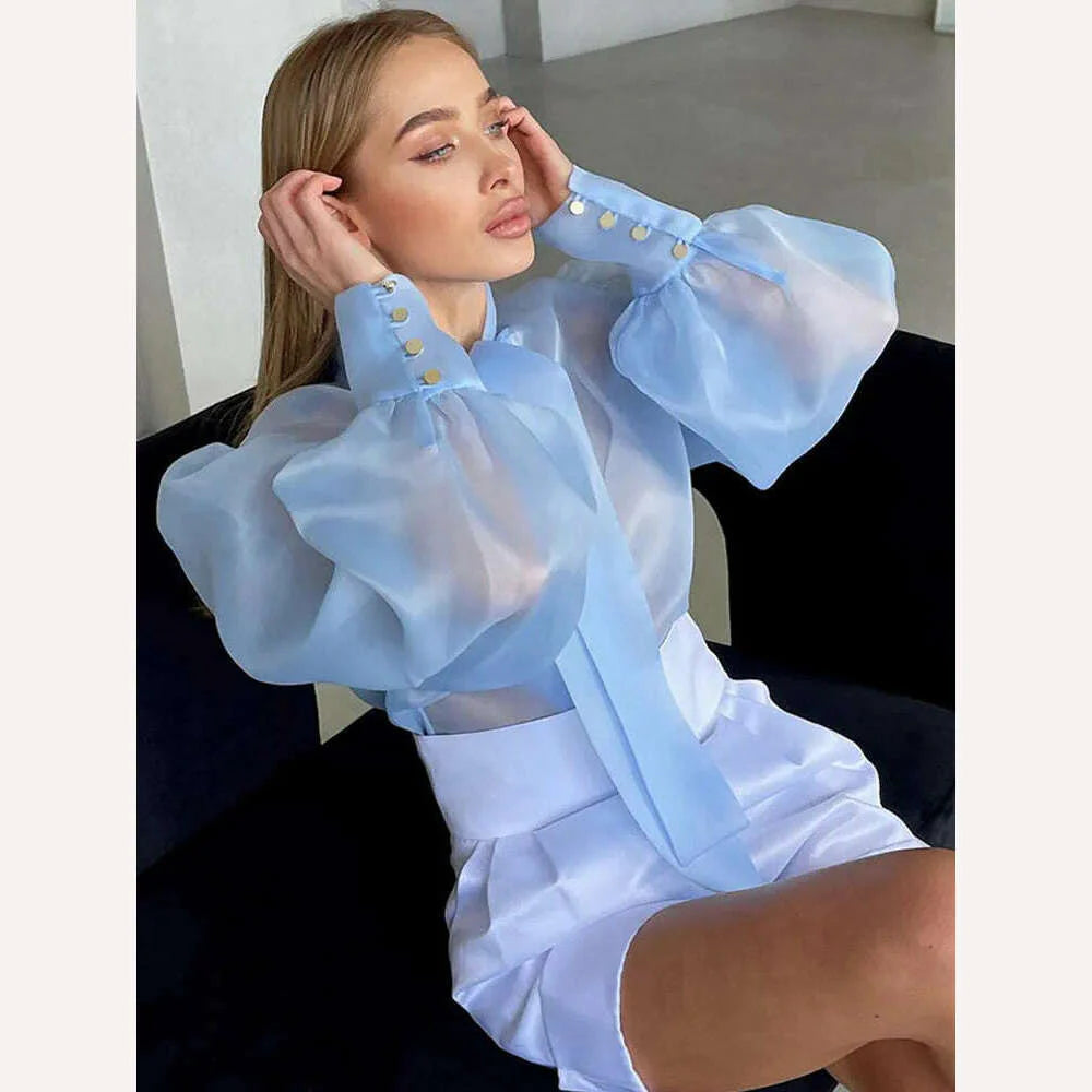 Perspective Mesh Shirt Women Elegant Sexy See Through Blouses Puff Sleeve Bow Lace Up Tops Office Lady Solid Casual Thin Blouse