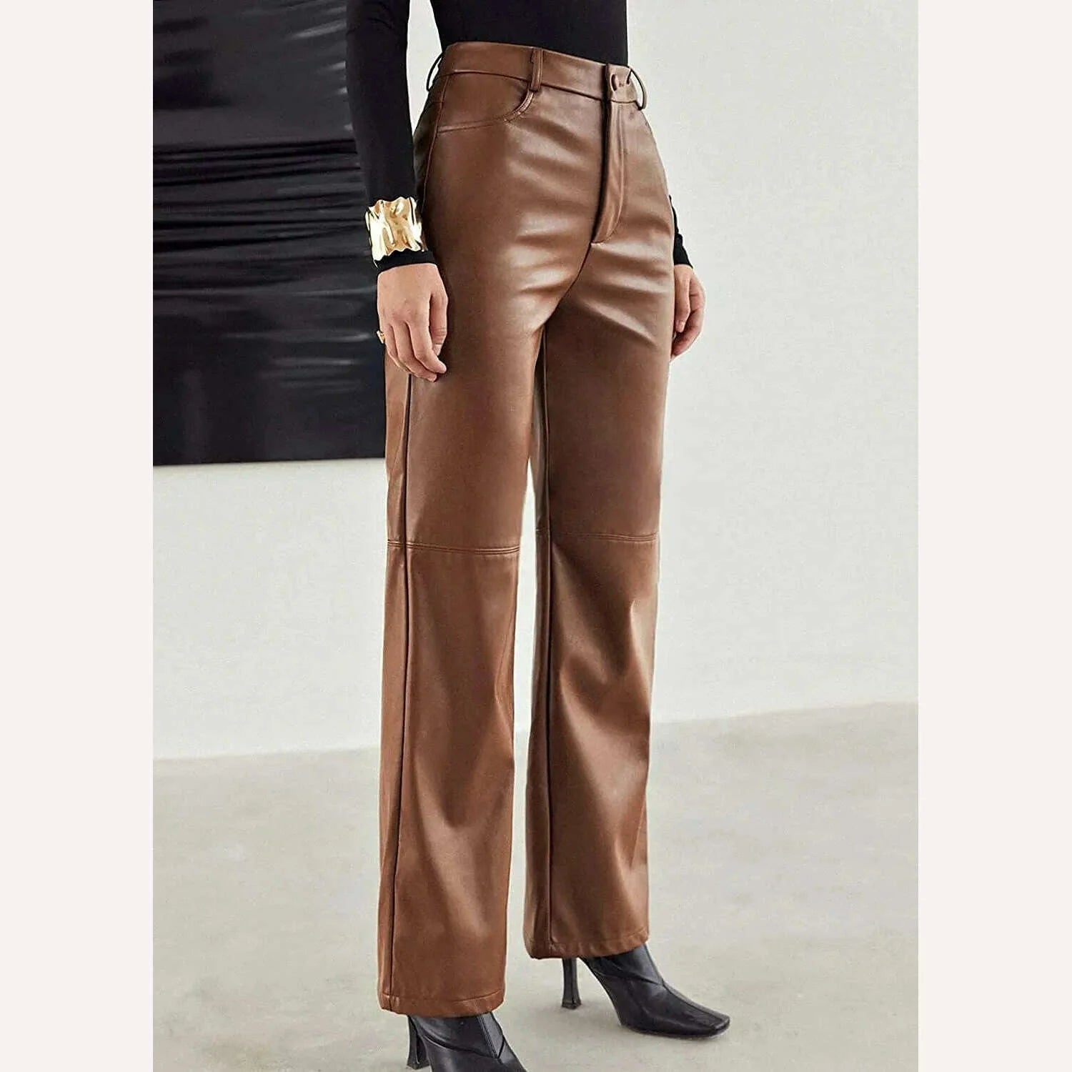 PU Leather Pants High Waist Pockets Women's Green Black Wide Leg Pants 2021 Autumn Winter Fashion New TrousersBlusas Loose Shirt