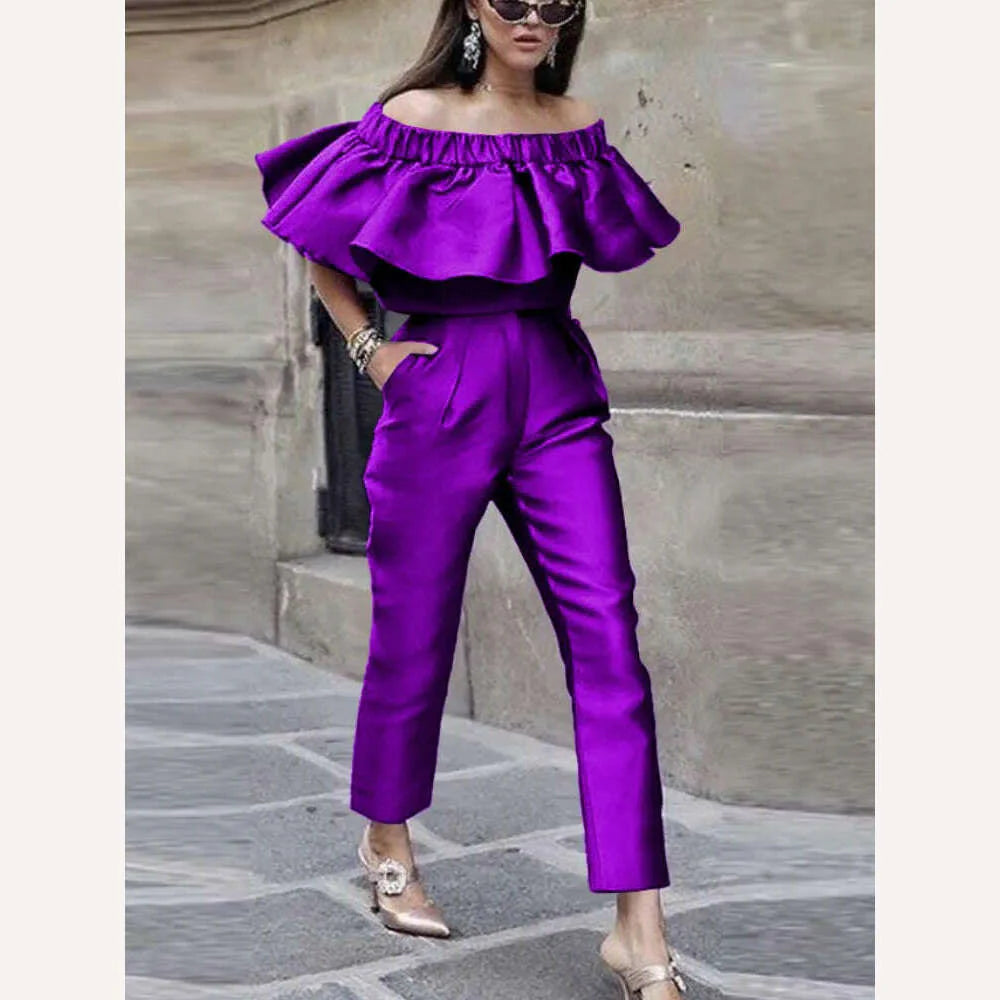 Purple Two Piece Set Women Off Shoulder Crop Tops with High Waist Pants for Ladeis Office Work Daily Evening Party Pants Sets