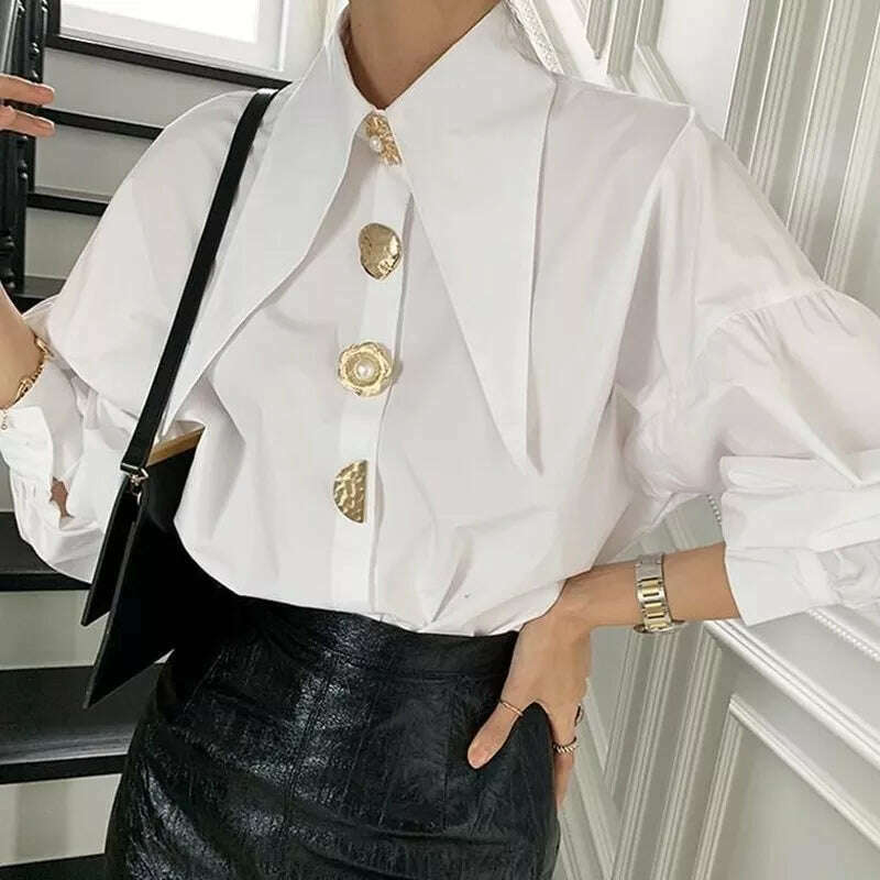 QWEEK Comfort Women's Shirts Sharp Corner Lapel Fashion Lady Blouses Korean Style White All-match Long-sleeved Tops 2022 Autumn