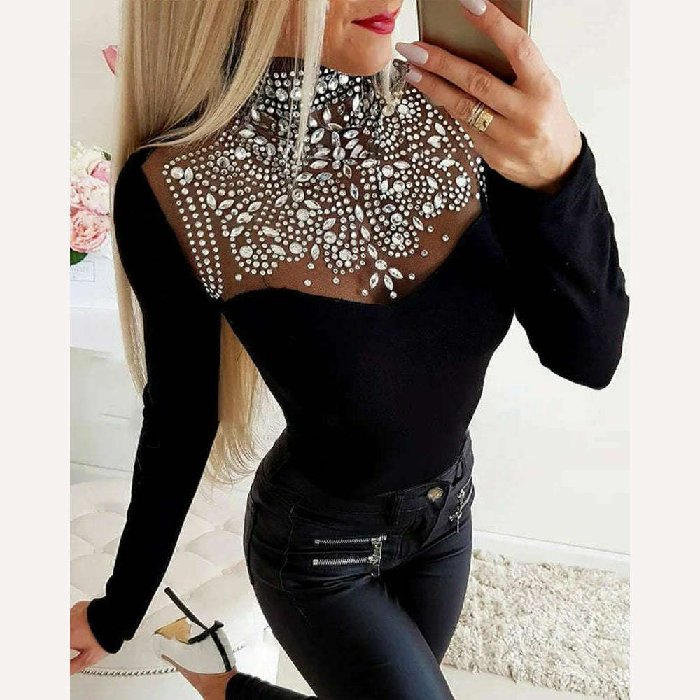 Sexy Rhinestone Decor Tee Women Tops See Through Contrast Mesh Long Sleeve Top Black Vintage T-Shirts Female y2k Clothes