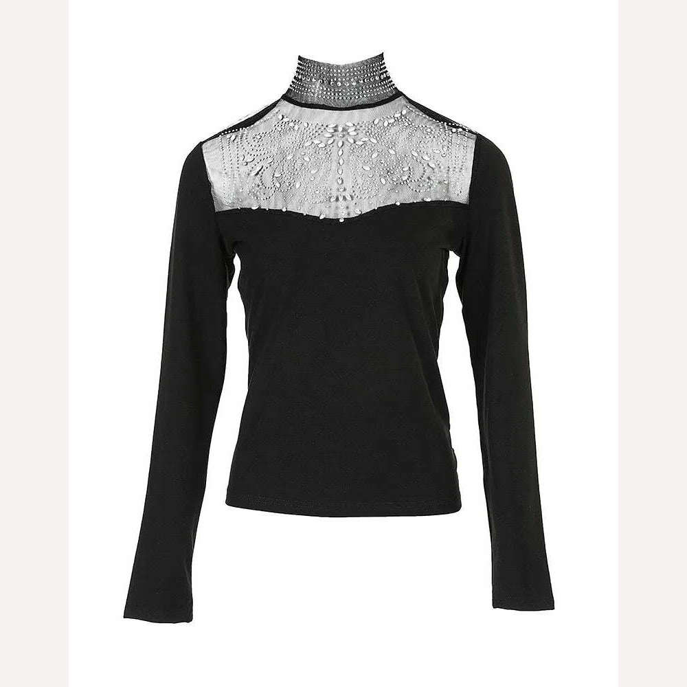 Sexy Rhinestone Decor Tee Women Tops See Through Contrast Mesh Long Sleeve Top Black Vintage T-Shirts Female y2k Clothes