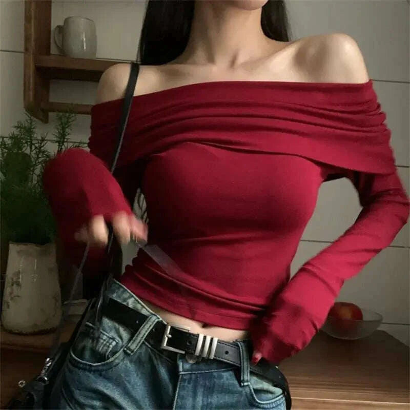 Sexy Tops Off Shoulder Long Sleeve Crop Top Women's Autumn/Winter 2023 New Spicy Girl Slim Fit Short Red T-shirt