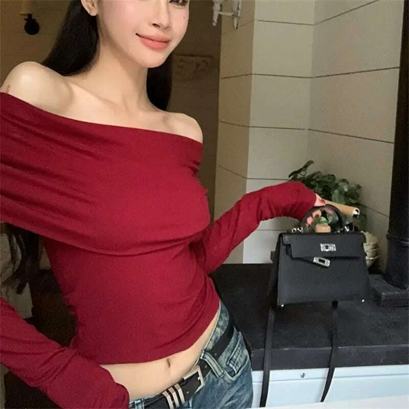 Sexy Tops Off Shoulder Long Sleeve Crop Top Women's Autumn/Winter 2023 New Spicy Girl Slim Fit Short Red T-shirt