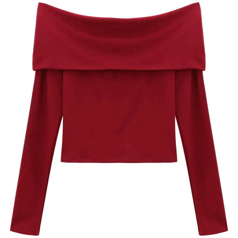 Sexy Tops Off Shoulder Long Sleeve Crop Top Women's Autumn/Winter 2023 New Spicy Girl Slim Fit Short Red T-shirt