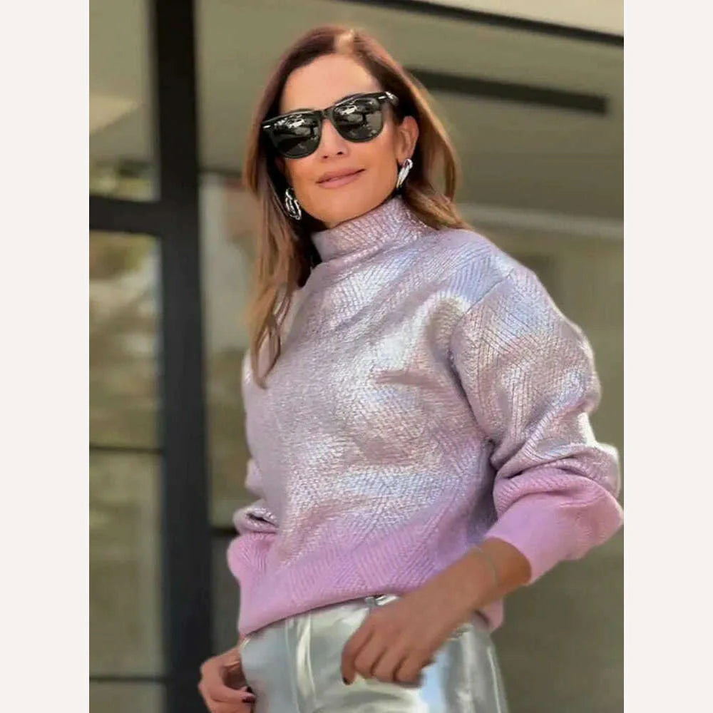 Sparkling Metal Gradient Knitted Sweater For Women Fashion High Collar Long Sleeves Pullover Tops Elegant Female Warm Streetwear