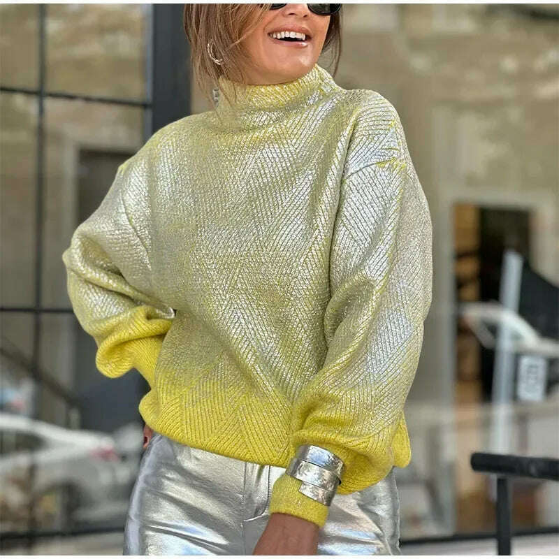 Sparkling Metal Gradient Knitted Sweater For Women Fashion High Collar Long Sleeves Pullover Tops Elegant Female Warm Streetwear