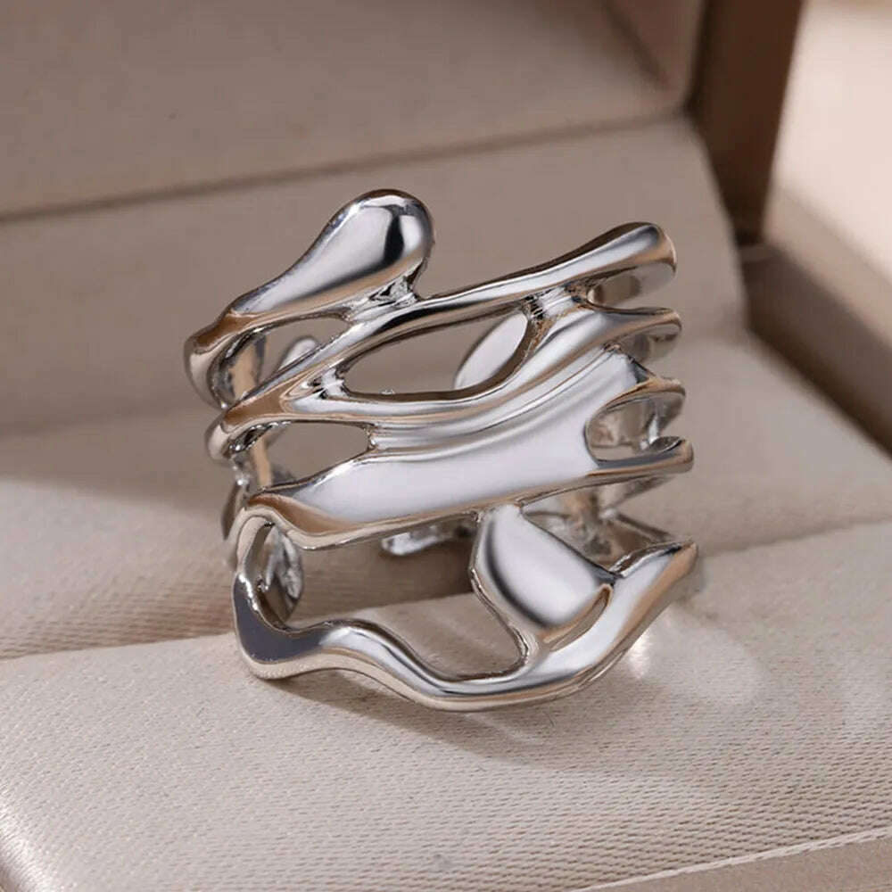Stainless Steel Rings For Women Men Gold Color Hollow Wide Ring Female Male Engagement Wedding Party Finger Jewelry Gift Trend