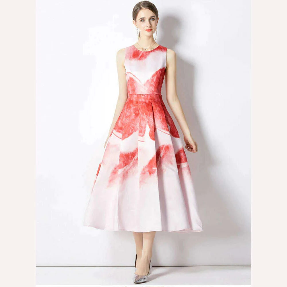 Summer Autumn Elegant Sweet Pattern Tank Dress Women's Sleeveless Floral Printing High Waist Ball Gown Evening Party Vestidos