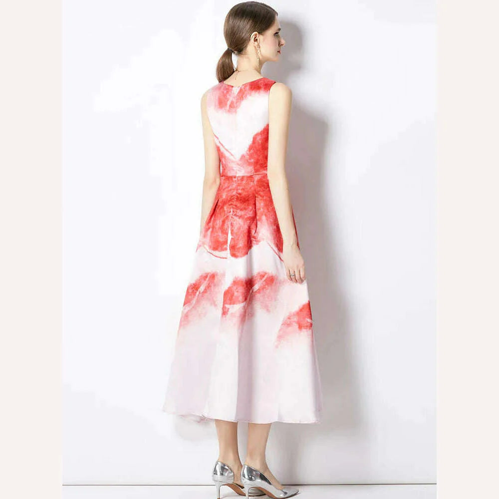 Summer Autumn Elegant Sweet Pattern Tank Dress Women’s Sleeveless Floral Printing High Waist Ball Gown Evening Party Vestidos