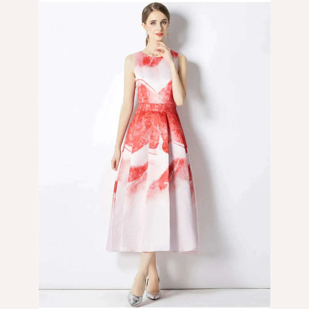 Summer Autumn Elegant Sweet Pattern Tank Dress Women's Sleeveless Floral Printing High Waist Ball Gown Evening Party Vestidos