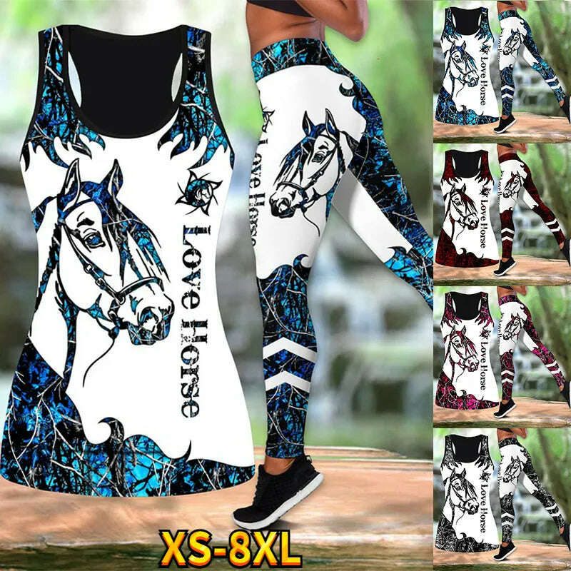 Summer Ladies Love Horse Print Yoga Sports Pants Sweatpants Leggings Cut Out Back Tank Tops Combo Suit XS-8XL