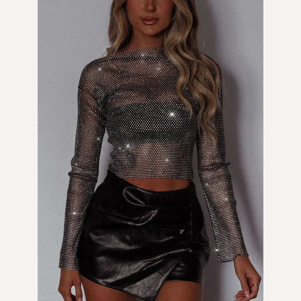 TARUXY Evening Club Party Sparkly Tops For Women Diamonds Cropped Top Outfits Y2k Accessories Hollow Out Glitter Fishnet Tops