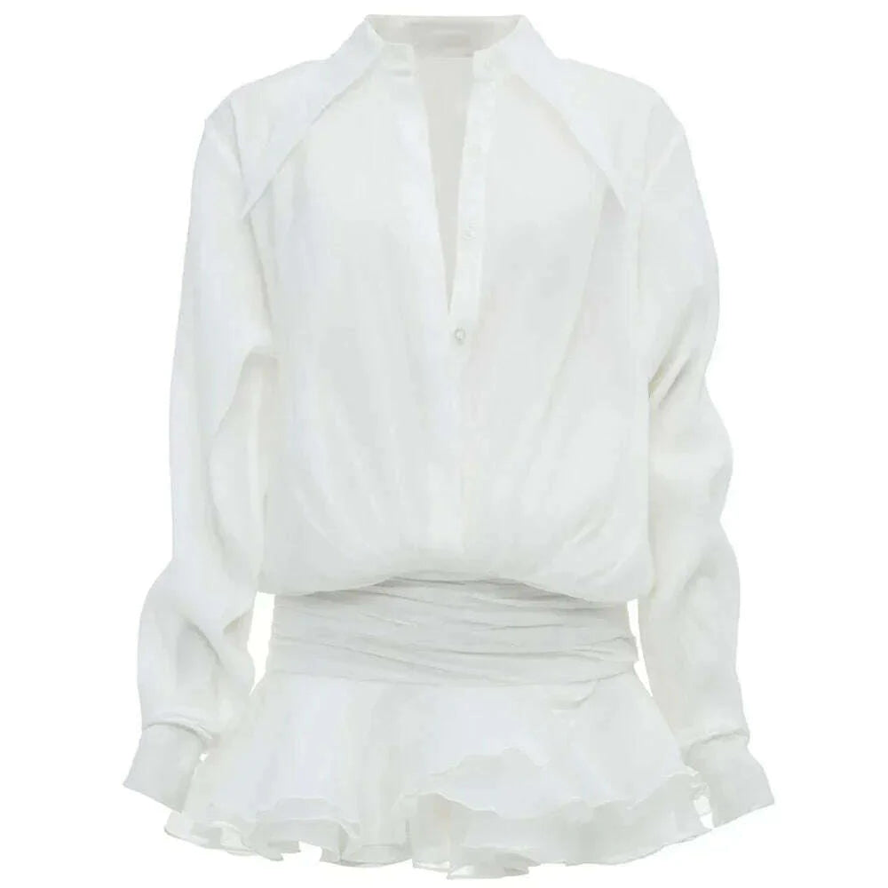 TARUXY White Chiffon Mini Dress For Women Casual Loose Oversized Pleated Mini Dress See-through Summer Beach Elegant Shirt Dress