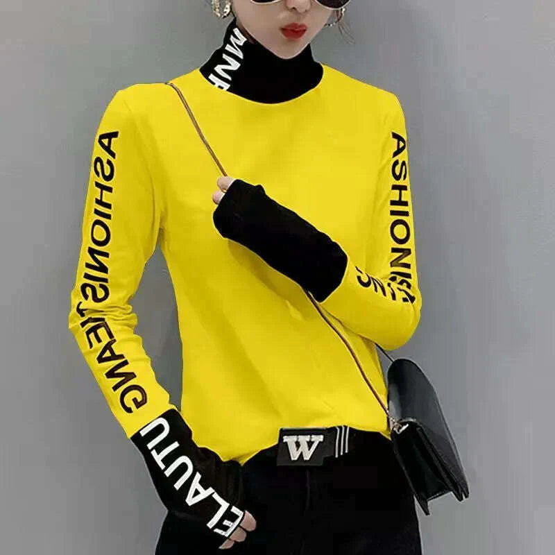 Top for Women Long Sleeve Turtleneck Slim T Shirts Female Yellow Skinny Emo Tees Cartoon Clothes Loose Youth Spring Xxl Pulovers