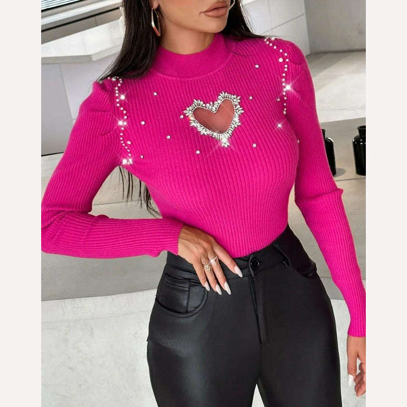Tops for Women 2023 Winter Blouse Casual Solid Color Rhinestone Hollow Heart Knit Long Sleeve Pullover Skinny Sweater for Women