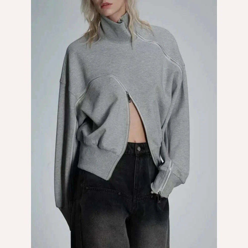 TWOTWINSTYLE Minimalist Casual Sweatshirts For Women Turtleneck Long Sleeve Patchwork Zipper Streetwear Sweatshirt Female Style