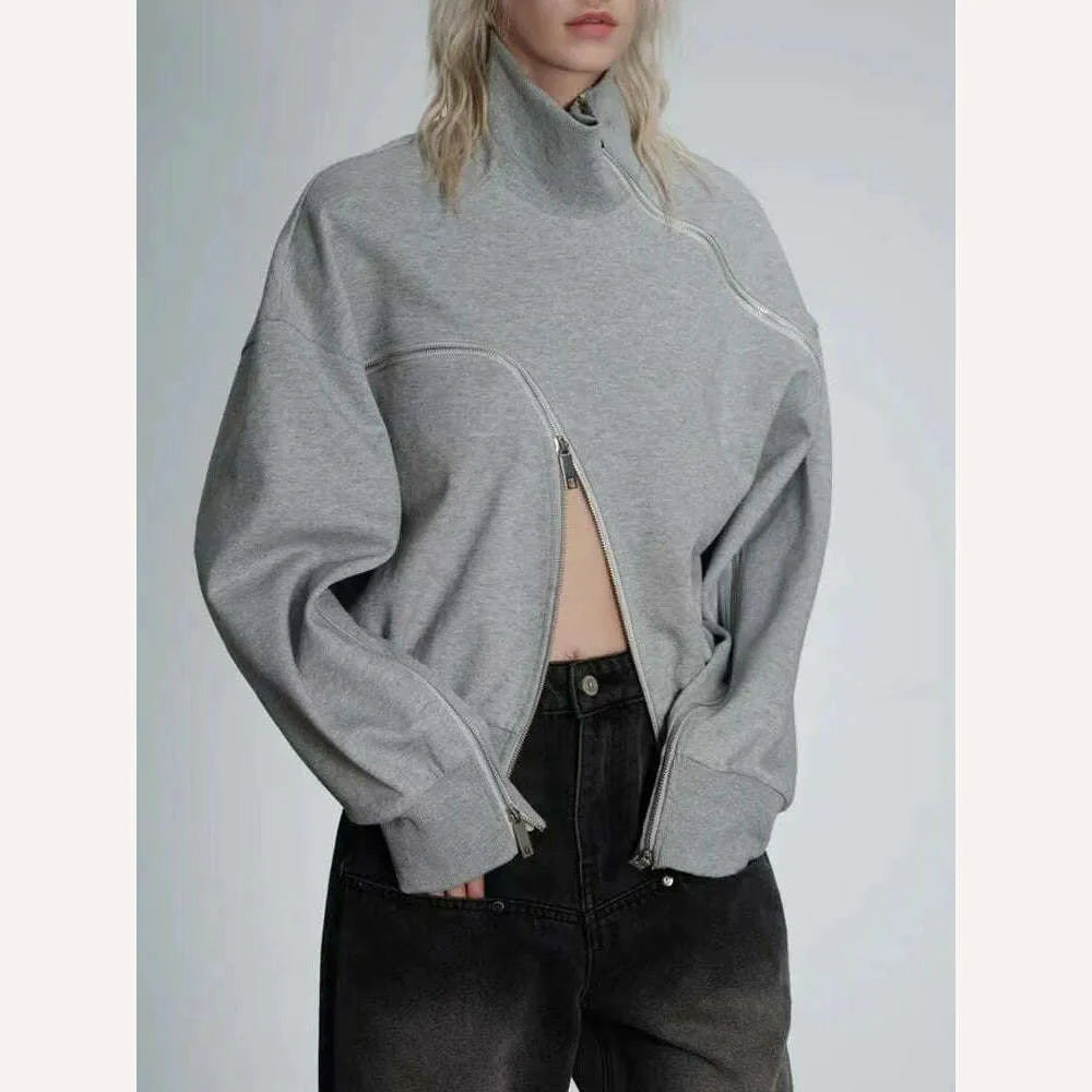 TWOTWINSTYLE Minimalist Casual Sweatshirts For Women Turtleneck Long Sleeve Patchwork Zipper Streetwear Sweatshirt Female Style