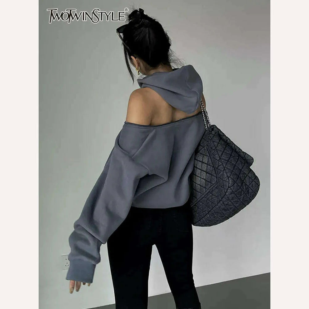 TWOTWINSTYLE Off Shoulder Loose Sweatshirts For Women Hooded Collar Long Sleeve Patchwork Pockets Solid Tops Female Autumn 2022