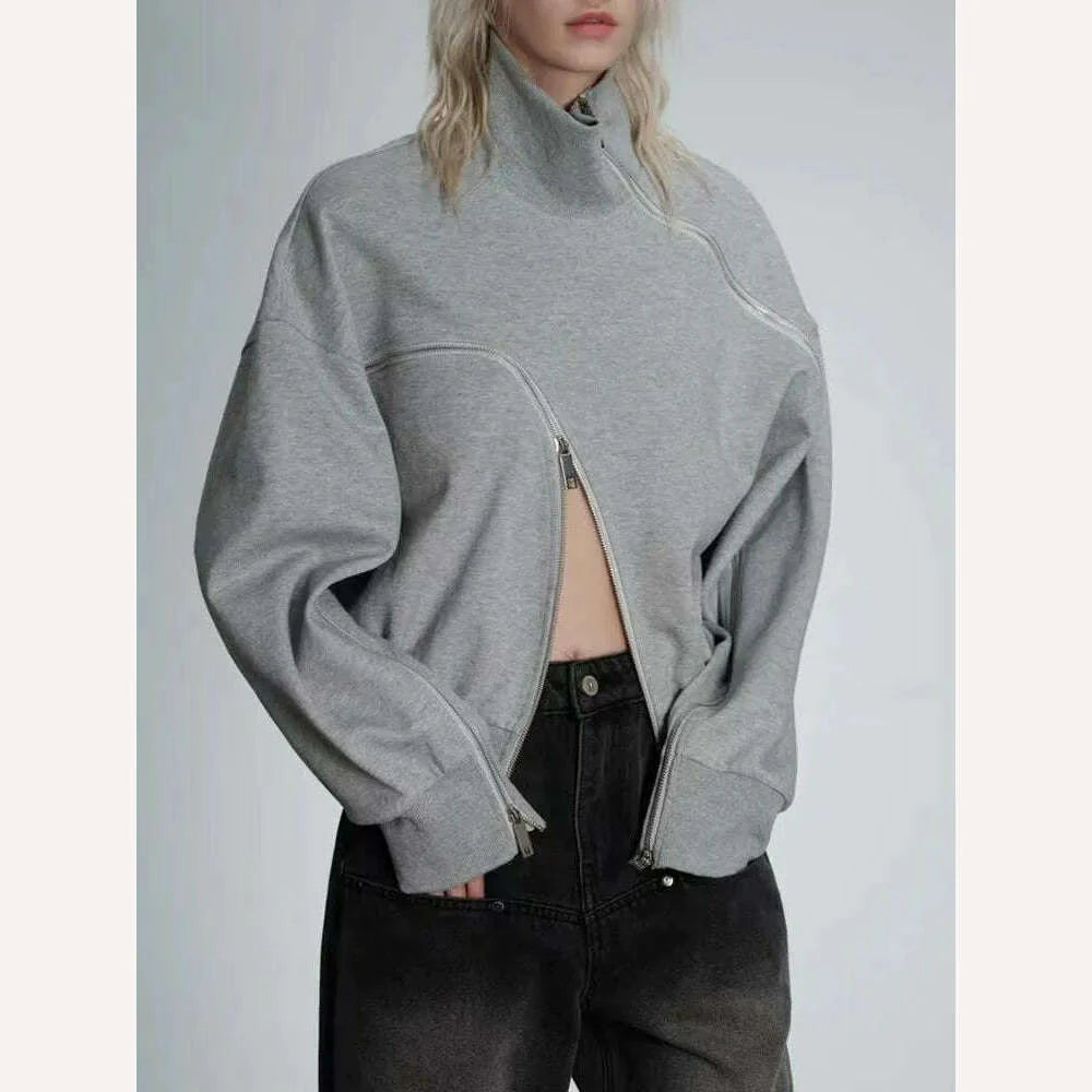 VGH Casual Solid Sweatshirts For Women Turtleneck Long Sleeve Patchwork Zipper Irregular Loose Sweatshirt Female Fashion Style