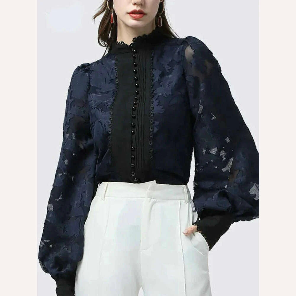 VGH Elegant Minimalsit Shirts For Women Stand Collar Lantern Sleeve Patcwhork Lace Solid Temperament Blouses Female Fashion New