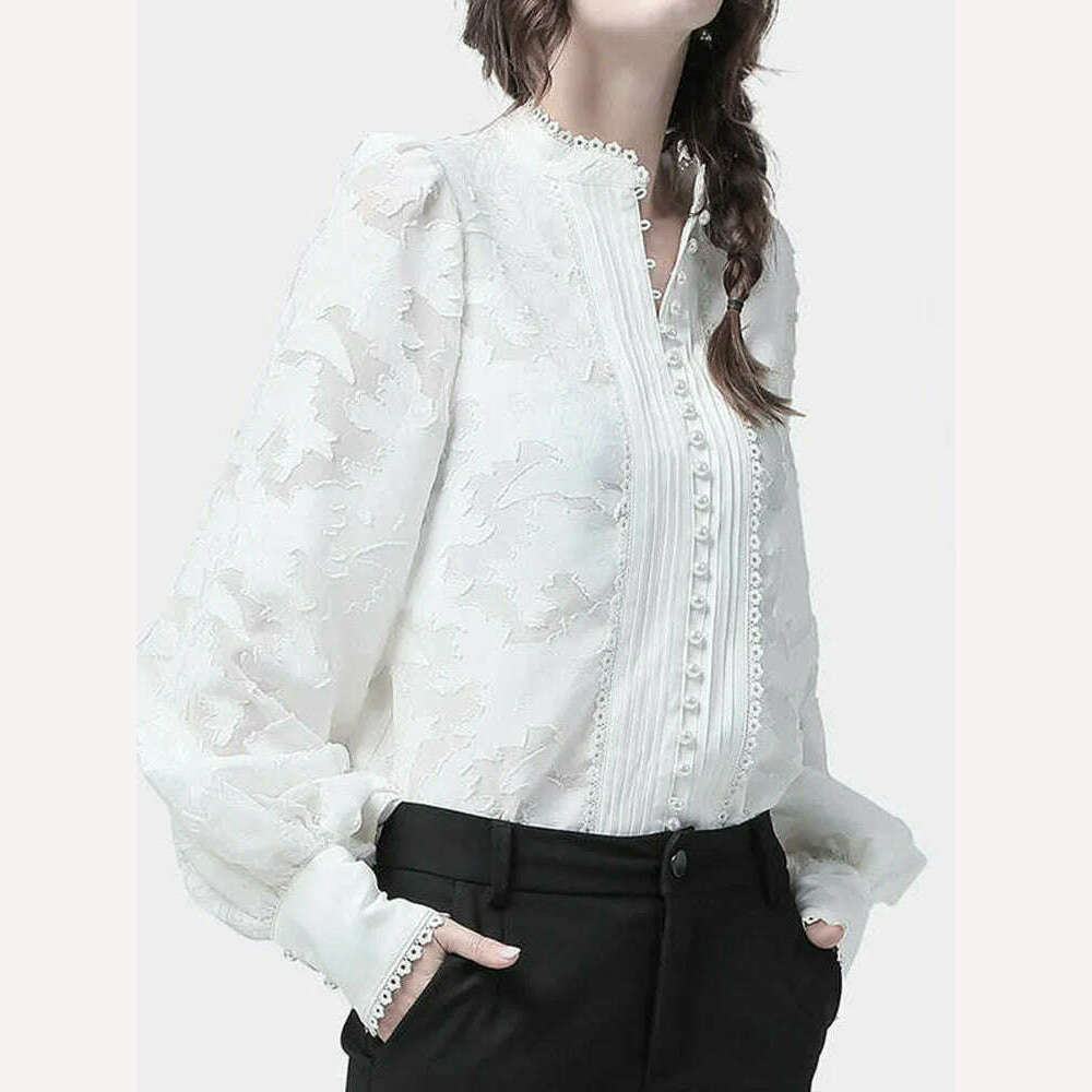 VGH Elegant Minimalsit Shirts For Women Stand Collar Lantern Sleeve Patcwhork Lace Solid Temperament Blouses Female Fashion New