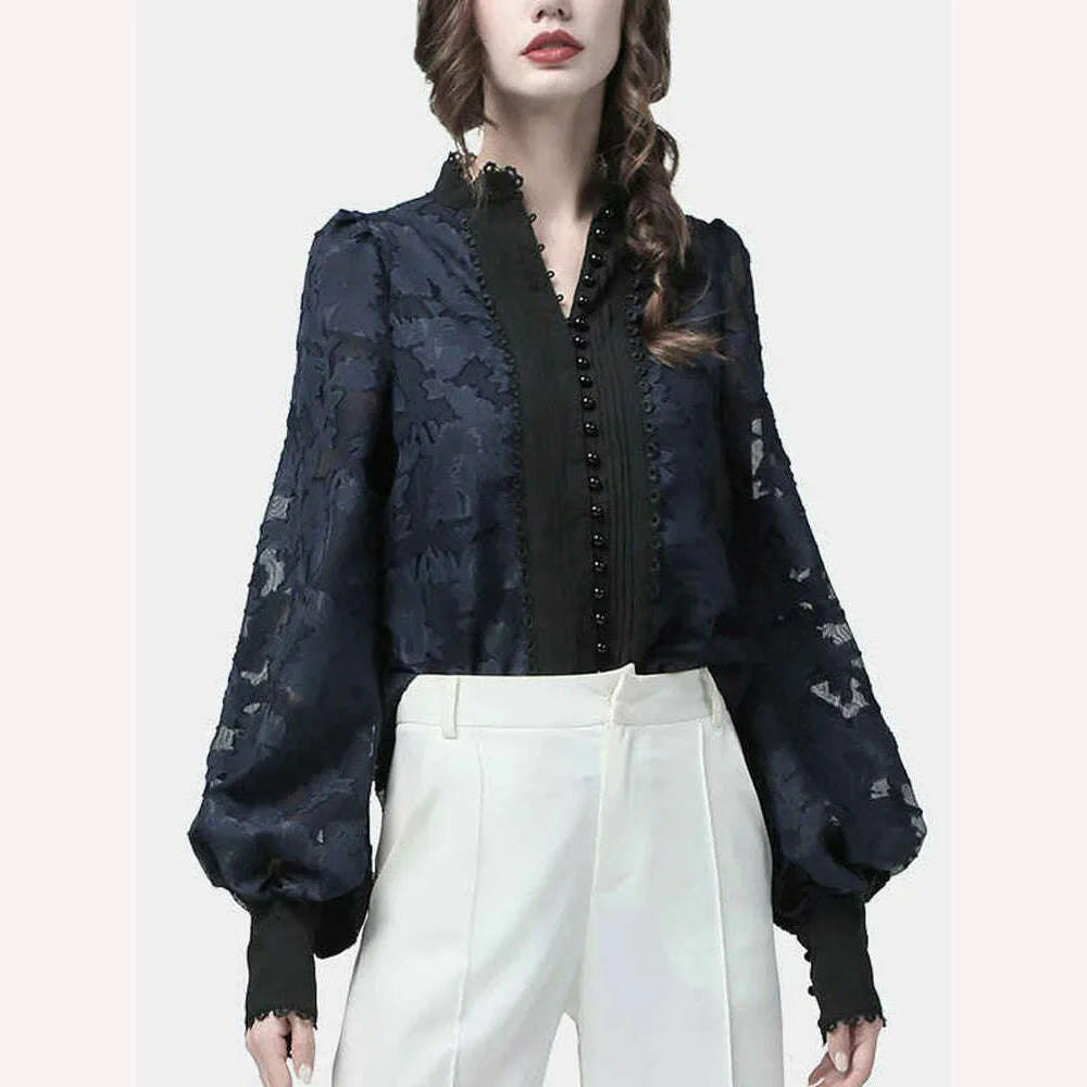 VGH Elegant Minimalsit Shirts For Women Stand Collar Lantern Sleeve Patcwhork Lace Solid Temperament Blouses Female Fashion New
