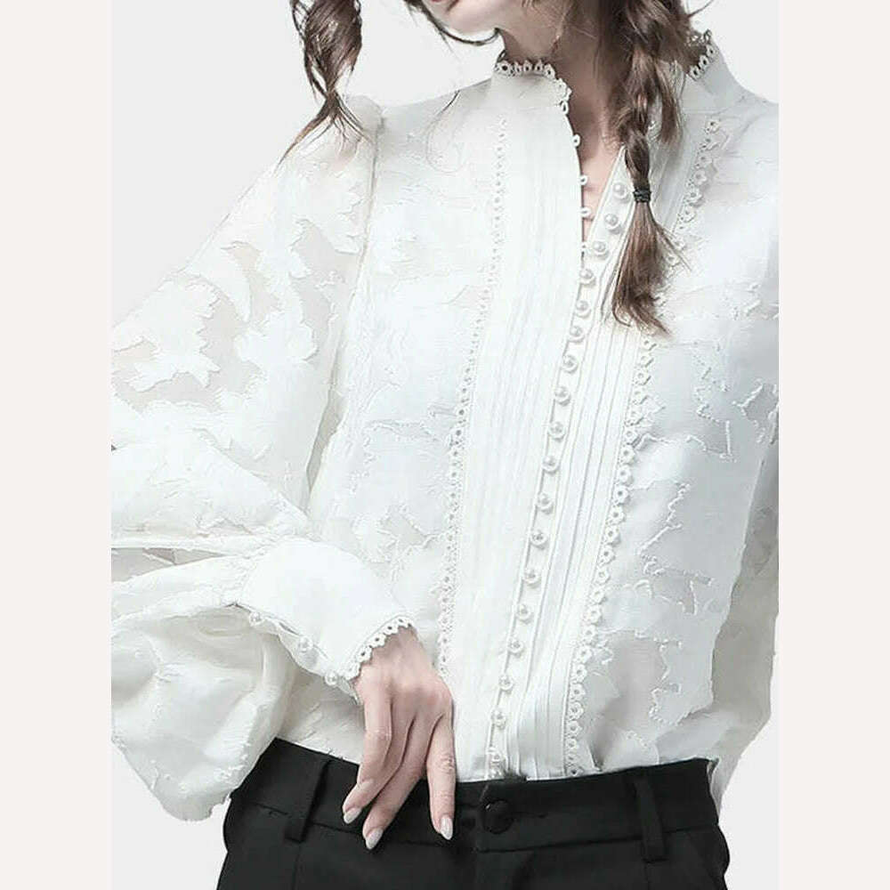 VGH Elegant Minimalsit Shirts For Women Stand Collar Lantern Sleeve Patcwhork Lace Solid Temperament Blouses Female Fashion New