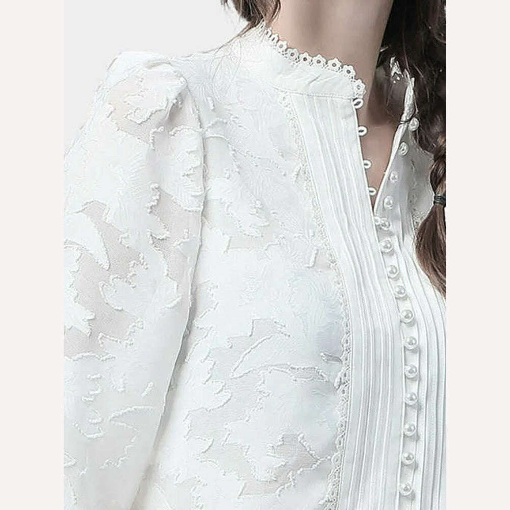 VGH Elegant Minimalsit Shirts For Women Stand Collar Lantern Sleeve Patcwhork Lace Solid Temperament Blouses Female Fashion New