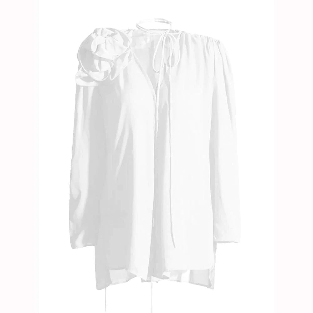 VGH Patchwork Appliques Loose Shirts For Women V Neck Long Sleeve Irregular Hem Solid Minimalist Blouses Female Summer Clothes