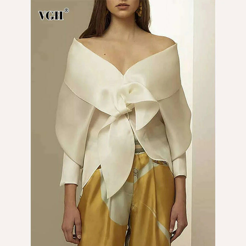 VGH Patchwork Bow Lace Up Shirts For Women Slash Neck Batwing Sleeve Irregular Hem Open Stitch Blouse Female Autumn Fashion New