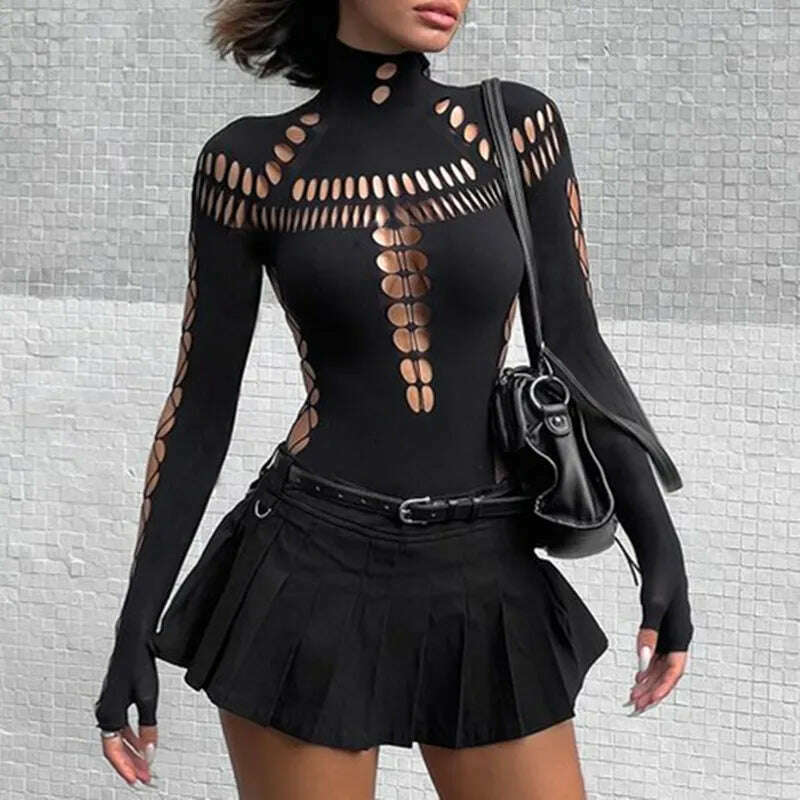 WhereMery Solid Hollow Out High Collar Bodysuit Sexy Bodycon Skinny Long Sleeves T Shirts Women Gothic Punk Streetwear Bodysuits