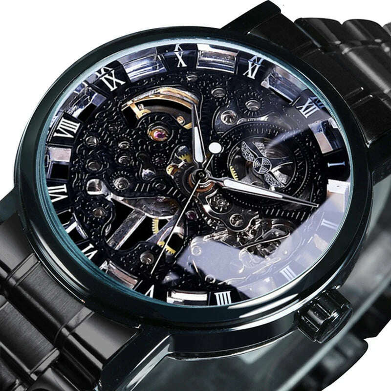 WINNER Official Casual Skeleton Mechanical Watch For Men Steel Strap Roman Number Business Mens Watches Top Brand Luxury Clock