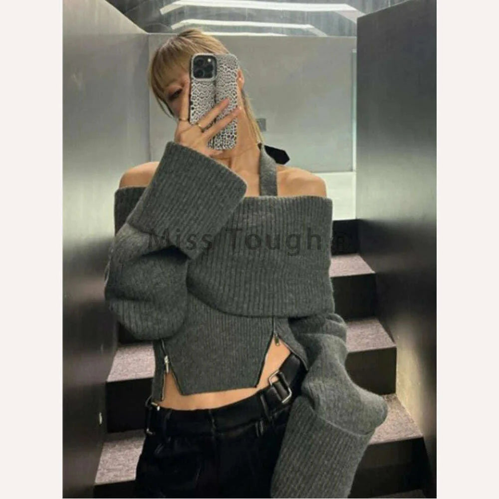 Winter Y2k Elegant Knitted Pullovers Women Slash Neck Vintage Sexy Chic Sweaters Female Korean Fashion Slim Zipper Tops 2023 New