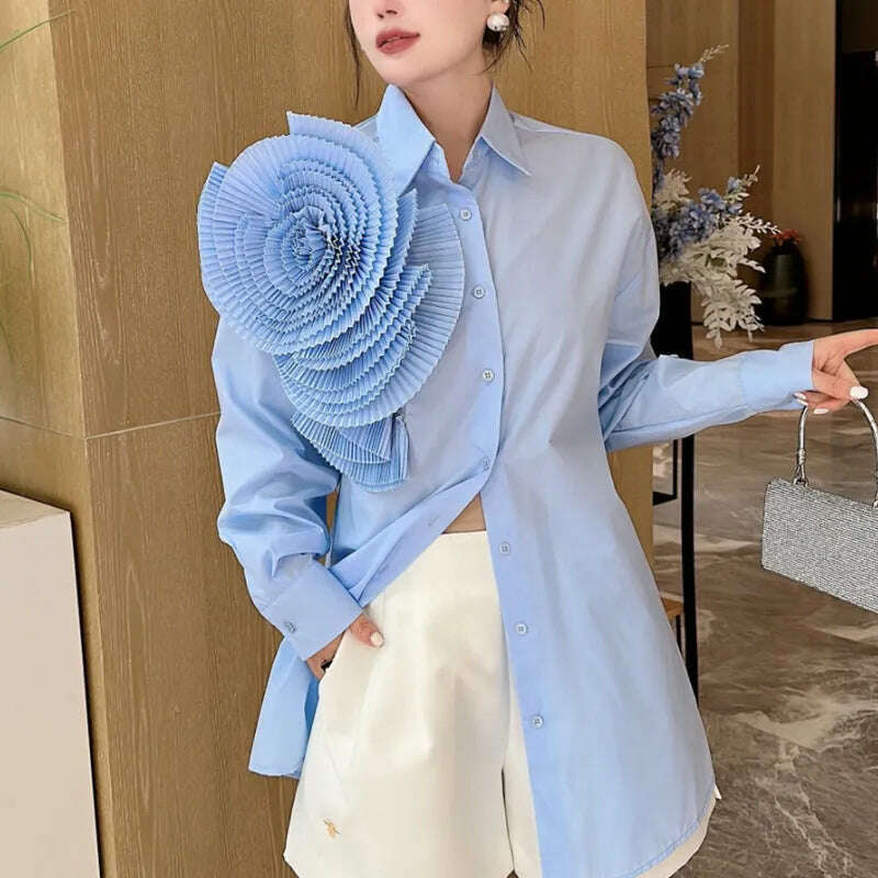 Women 3D Ruched Large Flowers Shirts Long Sleeved Luxury Pleated Floral Blouses Streetwear Single Breasted Cardigan Tops Blusas