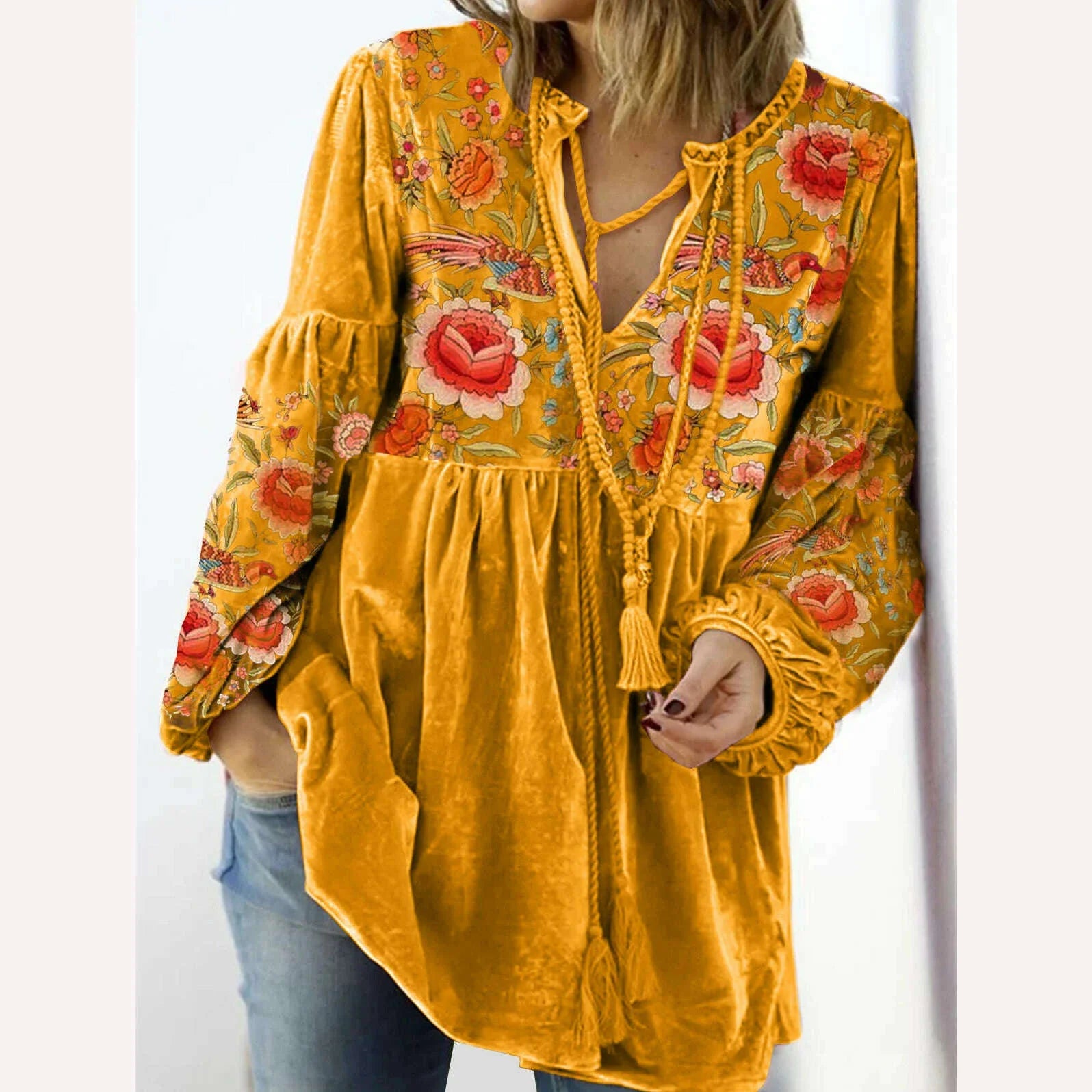 Women Blouse Vintage Print V Neck Long Sleeve Elastic Cuff Streetwear Spring Autumn Loose Velvet T-shirt Pullover Women Clothes