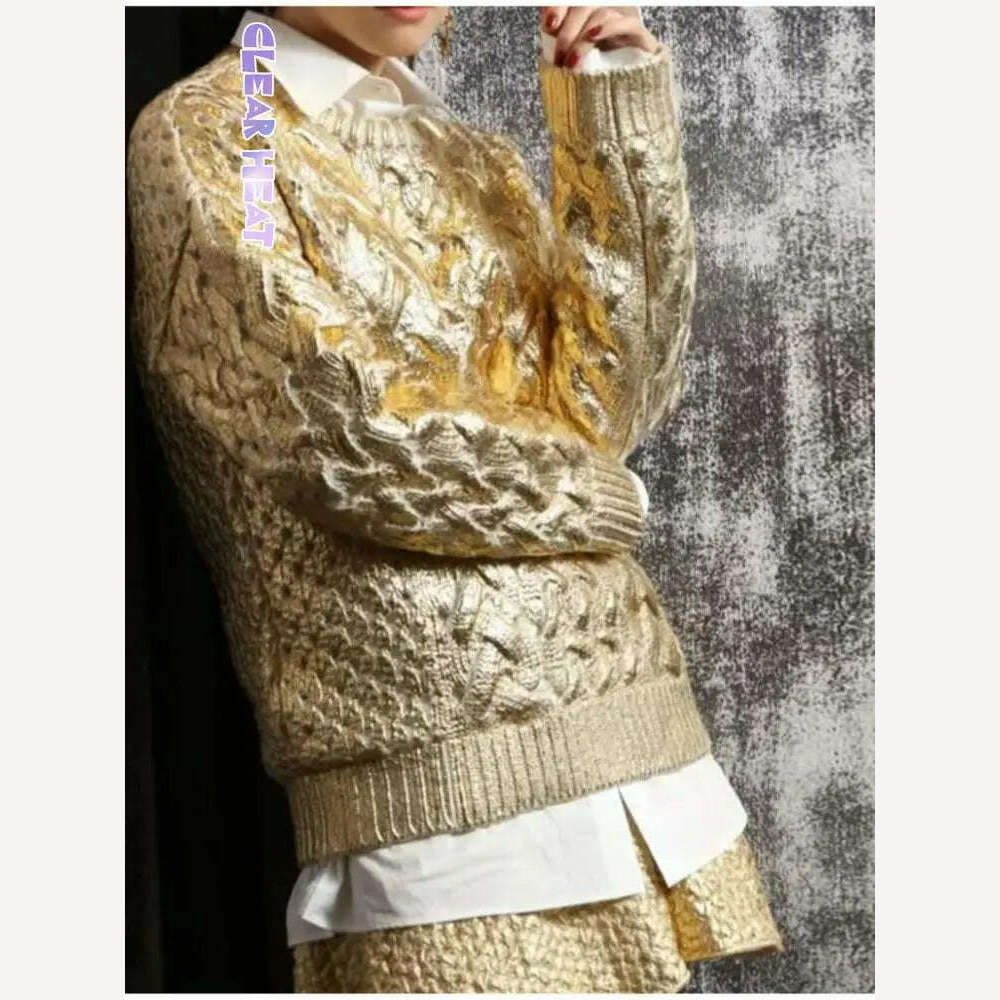 Women Fashion Golden Ribbing Knitted Sweaters Round Neck Long Sleeved Spliced Jumper Tops Chic Female Thick Warm Pullover 2023