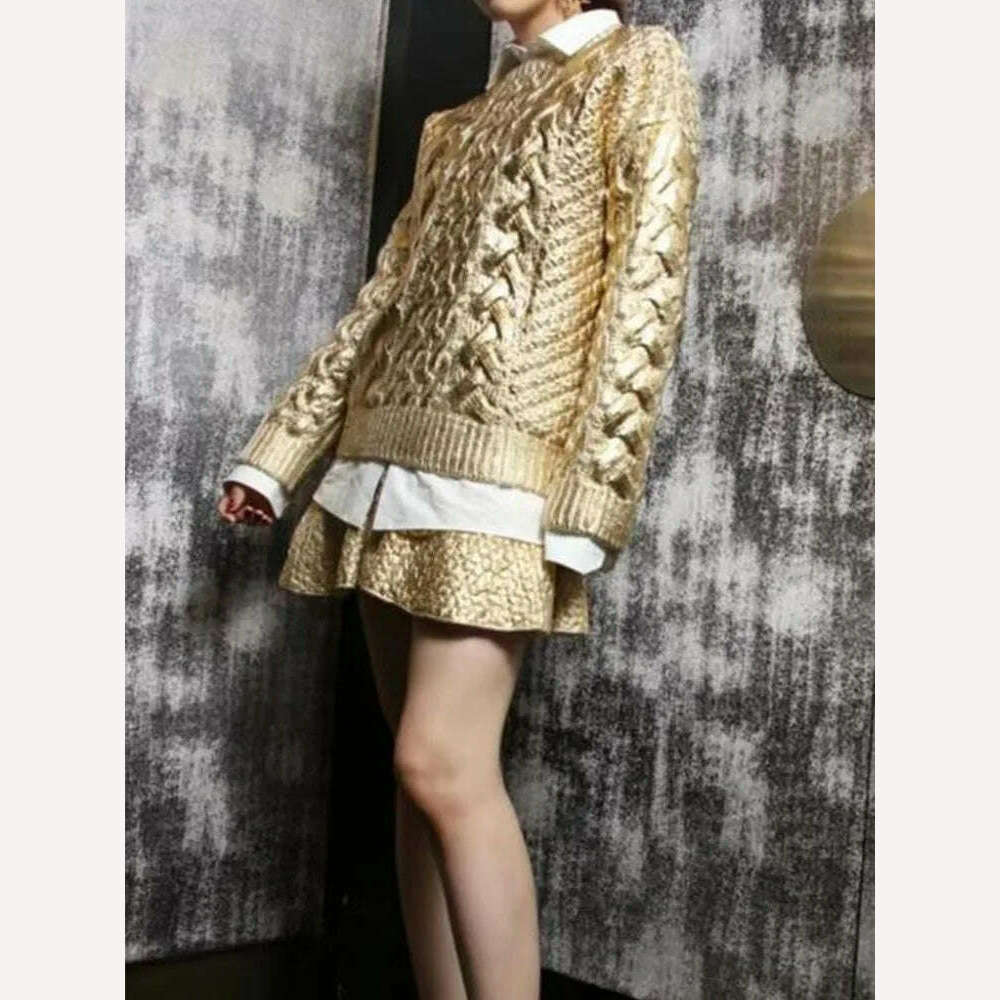 Women Fashion Golden Ribbing Knitted Sweaters Round Neck Long Sleeved Spliced Jumper Tops Chic Female Thick Warm Pullover 2023