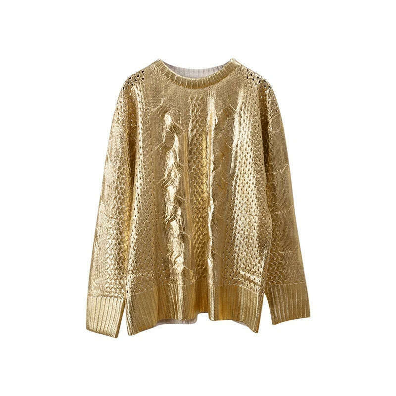 Women Fashion Golden Ribbing Knitted Sweaters Round Neck Long Sleeved Spliced Jumper Tops Chic Female Thick Warm Pullover 2023