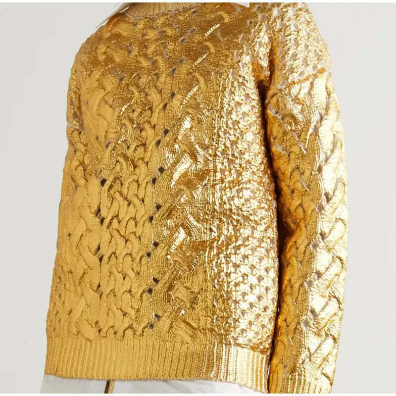 Women Fashion Golden Ribbing Knitted Sweaters Round Neck Long Sleeved Spliced Jumper Tops Chic Female Thick Warm Pullover 2023