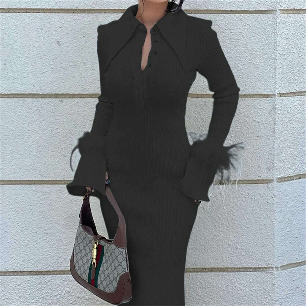 Women Long Sleeve Feather Long Dress 2023 New Kintting Solid Turn-down Collar Splicing Shirt Dress Elegant Formal Party Dress