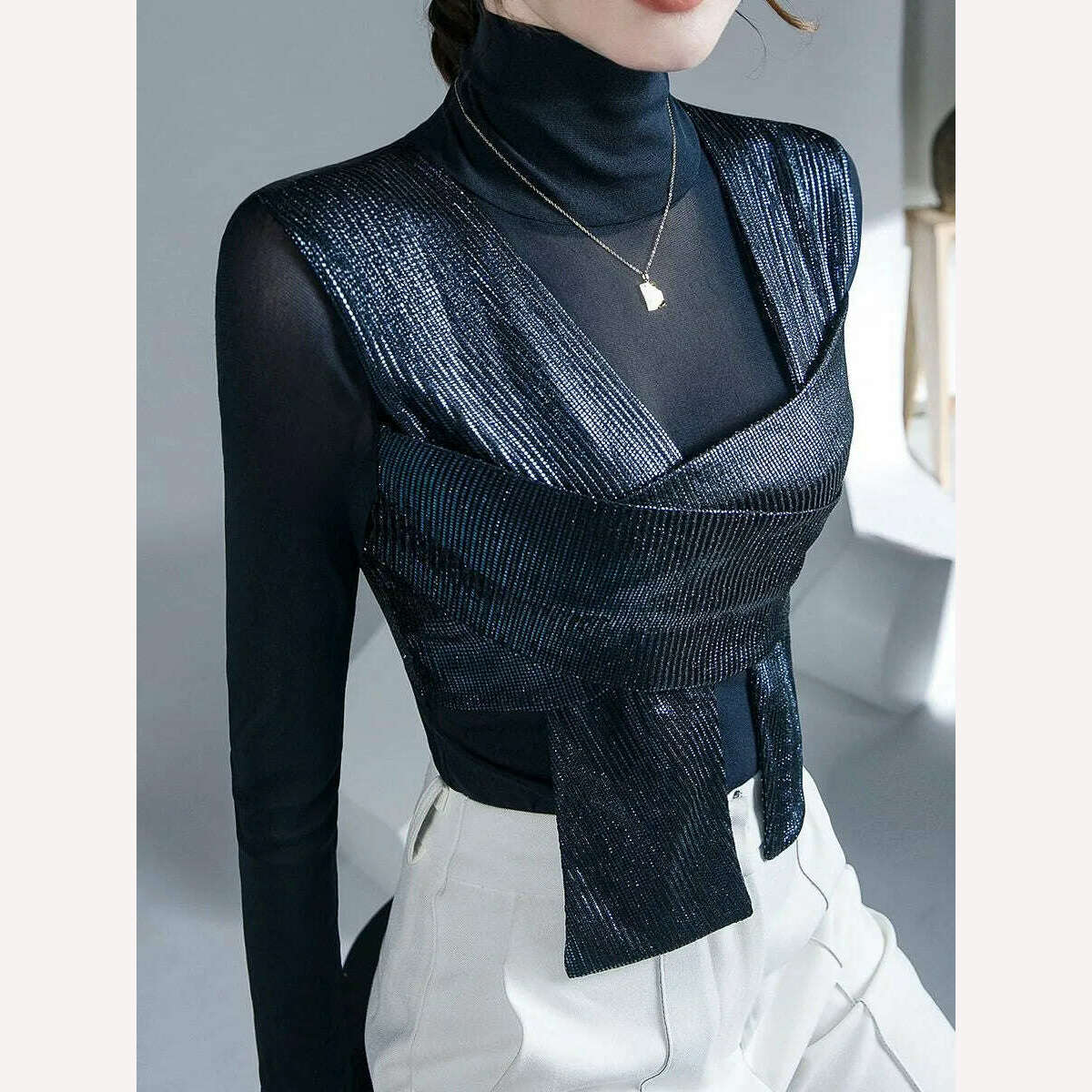 Women Patched Fashion Mesh T Shirts Lady High Stretch Turtleneck Tshirt Woman Autumn Chic Top Tee