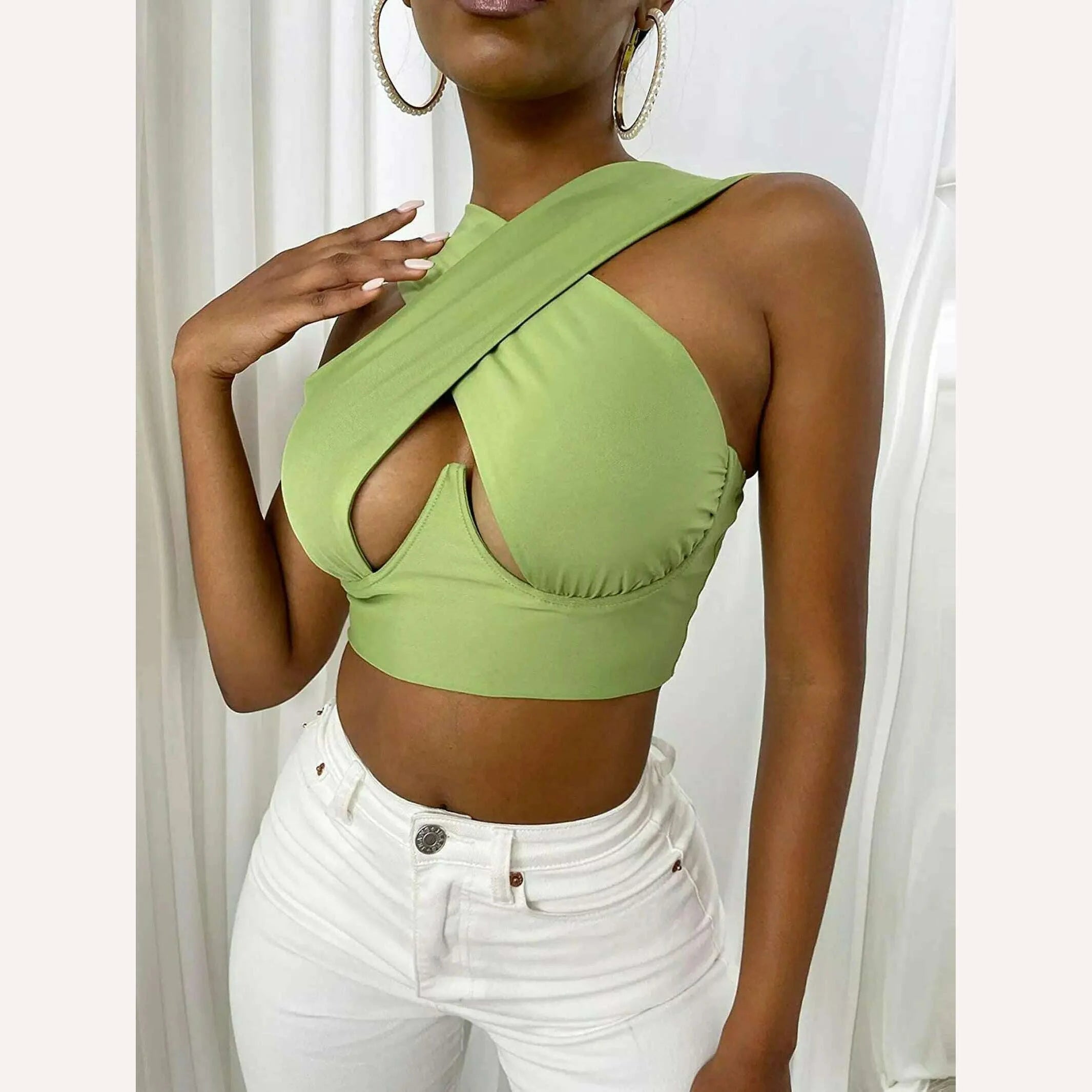 Women's Criss Cross Tank Tops Sexy Sleeveless Solid Color Cutout Front Crop Tops Party Club Streetwear Summer Lady Bustier Tops