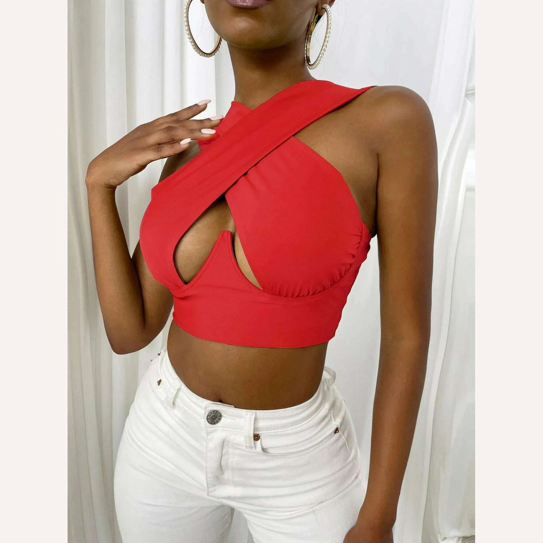 Women’s Criss Cross Tank Tops Sexy Sleeveless Solid Color Cutout Front Crop Tops Party Club Streetwear Summer Lady Bustier Tops