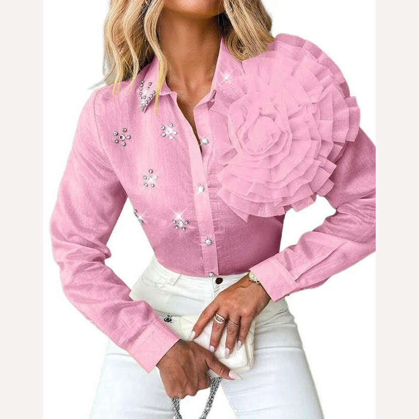 Women’s Shirt 2023 Autumn/winter New Fashion Versatile Polo Rose Detail Rhinestone Turn Down Collar Top Temperament Commuting