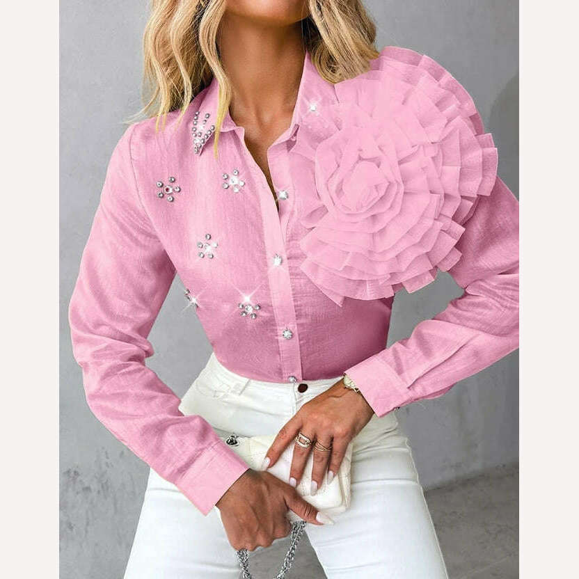 Women's Shirt 2023 Autumn/winter New Fashion Versatile Polo Rose Detail Rhinestone Turn Down Collar Top Temperament Commuting