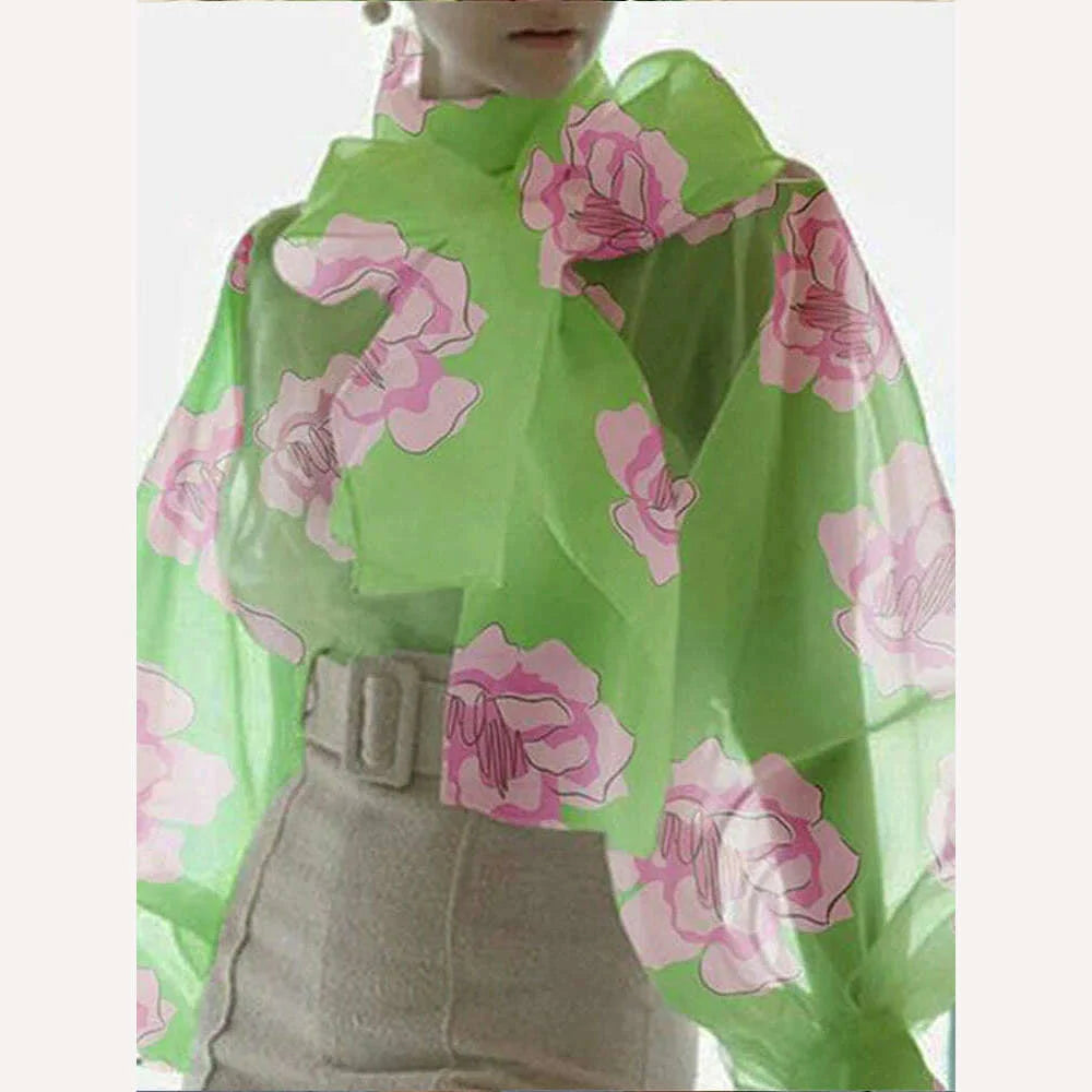 Women’s Shirt Long Sleeve Elegant Standing Neck Flower Print Balloon Sleeve Slim Fit Shirt Fashion Trend Summer 2023