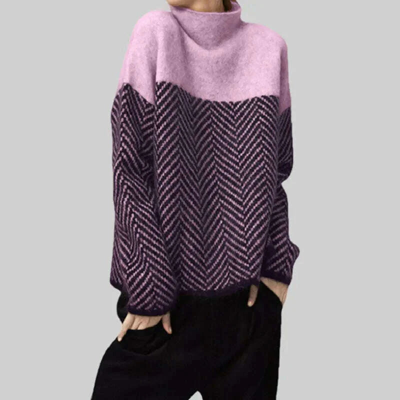 Women's Sweater Autumn Vintage Colorblocking Half Turtleneck Knit Sweater Loose Lazy Style Inside Matching Pullover Sweater Tops
